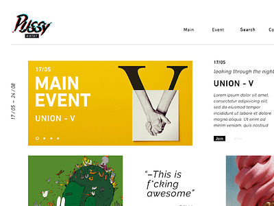Pussy event clean event grid homepage layout marketing menu minimal ui web white