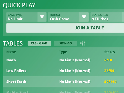 Poker Lobby filter flat game gradient green list lobby poker sort table