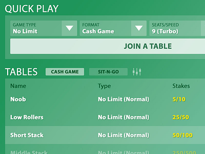 Poker Lobby filter flat game gradient green list lobby poker sort table