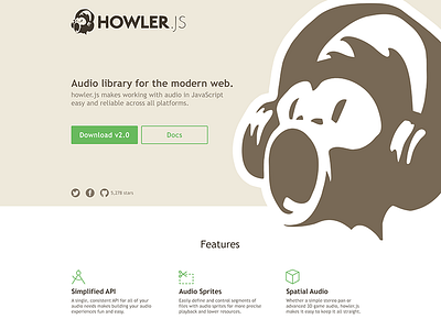 Howler.js 2.0 Website brown flat green howler minimal monkey open source website