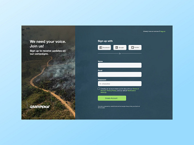 Greenpeace Sign Up Revamp campaign campaign design daily daily ui dailyui dailyuichallenge deforestation design forest greenpeace sign sign in sign up signup social ui ui ux ux web world