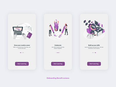 Onboarding Benefit screens for Art & Design Online Classes App.