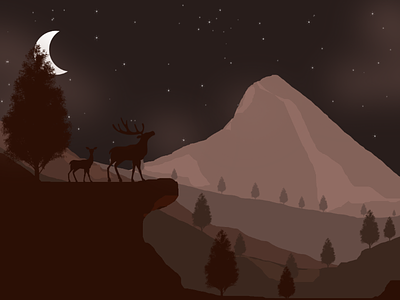 Night 🌙 over mountain ranges deer 🦌 illustration nightsky