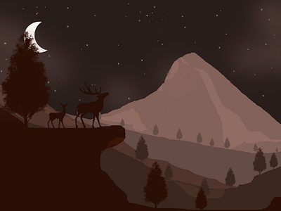 Night 🌙 over mountain ranges deer 🦌 illustration nightsky