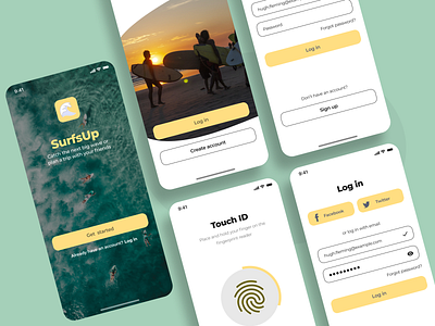 SurfsUp app app concept buttons components design layout log in login logo ocean product sign in sign up splash screen surf surfing water yellow