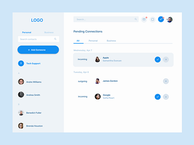 A Desktop Social Business App accept blue business connections desktop desktop app flat light ui minimal mobile monochromatic pending reject social ui withdraw