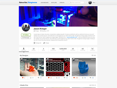 MakerBot Thingiverse: User Profile cover image makerbot redesign responsive thingiverse user profile web design work