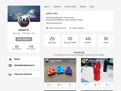 Thingiverse - User Profiles Refresh makerbot redesign responsive thingiverse user profile work