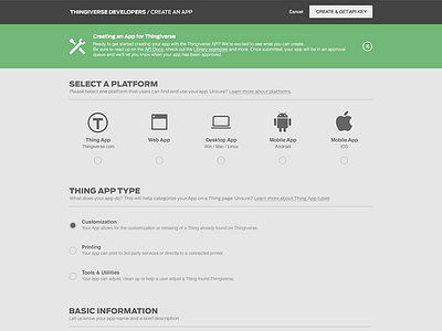 Thingiverse Developer Console - Create an App app create an app creation developer console developer platform makerbot platform thingiverse ui design ux design work