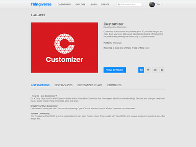 Thingiverse Apps - App Info Page app apps browse detail page info page makerbot platform thingiverse ui design ux design work