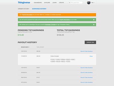 Thingiverse Payments - Earning History earning earning history ecommerce makerbot payments platform thingiverse tip history tips ui design ux design work