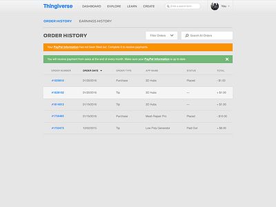 Thingiverse Payments - Order History ecommerce makerbot order history orders payments platform thingiverse ui design ux design work