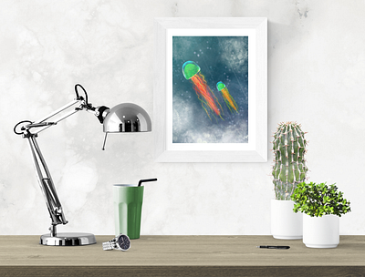 Galaxy green jellyfish blue canvas art design digital art galaxy green illustration orange procreate underwater