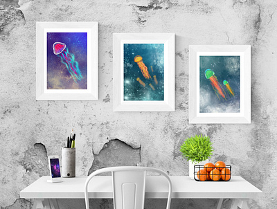 Galaxy jellyfish set blue canvas art design digital art galaxy green illustration orange pink procreate purple underwater