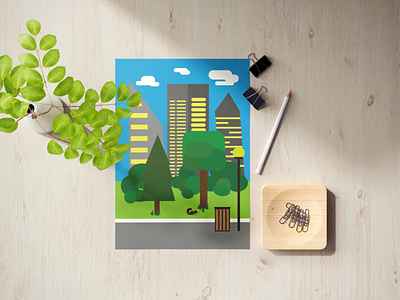 Flat illustration postcard- Buildings blue buildings city design digital art flat design green illustration illustrator vector