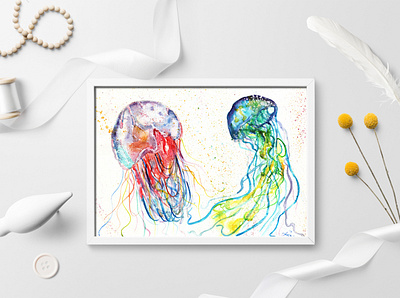 Jellyfishes watercolor blue green illustration jellyfish orange paint painting purple red watercolor