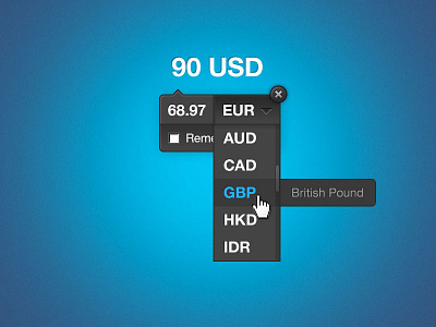 Currencyr Dark dropdown tooltip ui web