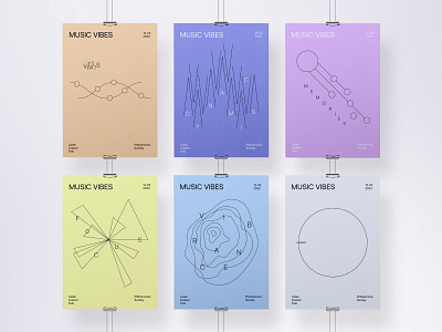 Posters "Six music vibes" branding colors concept design forms graphic design logo minimal mocups pallete posters text typography vector