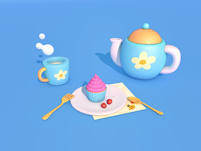 Birthday 3d c4d cupcake mug teapot