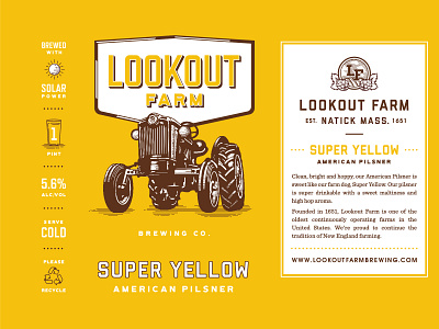 Lookout Farm Brewing Co. Super Yellow beer beer can beer label branding brewing cider design emblem farm logo packaging system tractor typography