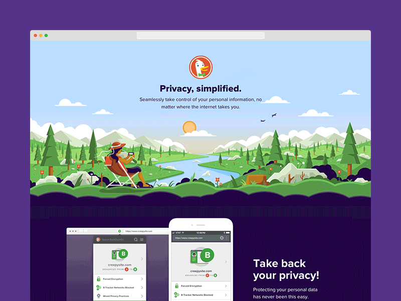 Privacy, simplified. app design duckduckgo illustration landing page marketing privacy redesign web