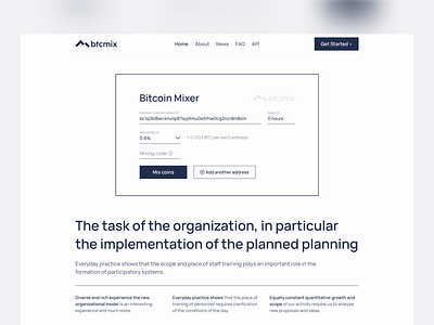 «btcmix» — Bitcoin Mixer black white branding btc design desktop graphic design header input landing light logo minimalism ui ux vector