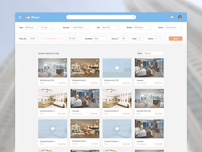 Real estate search filter apartmens cards dropdown estate favorites filter flat logo profile results search ux