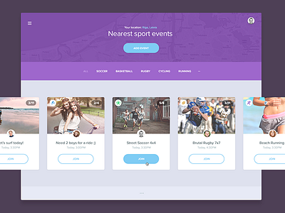 Social sport activities nearby app cards catalog clean concept desktop fitness flat navigation sport ui website