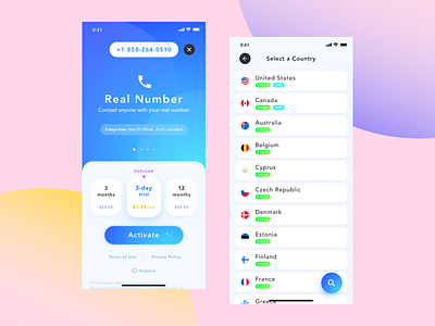 "Virtual Number" App app application cards cta ios iphonex list mobile phone pricing plan search virtual number