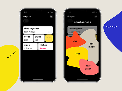 Obimy App - Senses app black cards clean app design free health illustration kiss love minimal mood partner pulse relationships sense spouse steps tiles time tracker