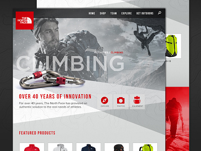 The North Face Activity Concept climbing explore home homepage icons landing page mockup north face outdoors sports web