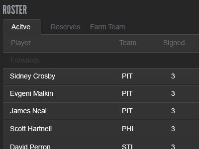 Team Home Roster Section black blue fantasy fantasy sports hockey nhl ui web app
