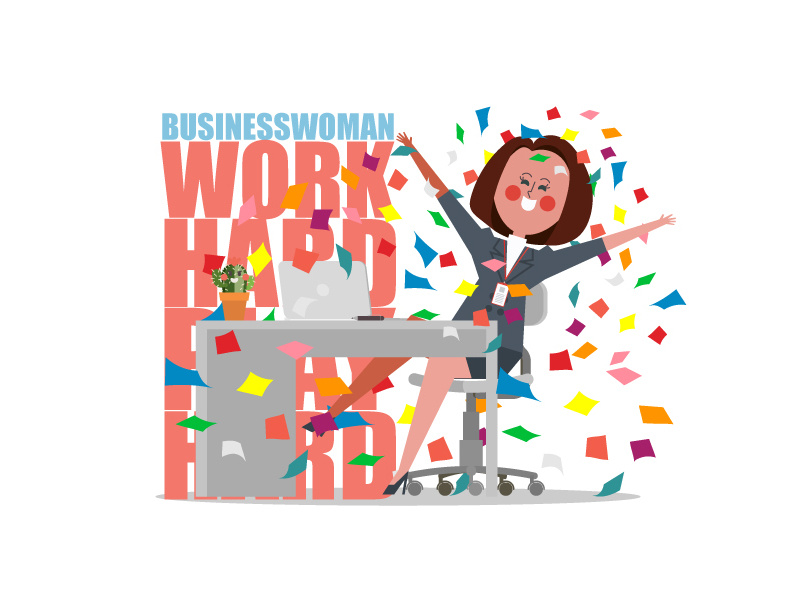 Work hard Play hard cartoon illustration smile relax happy office work girl woman business