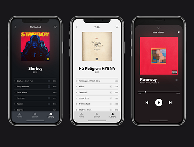 Music streaming app app app design apple application dark mode design flat ios iphone kanye kanye west minimal music music app starboy the weeknd they they live ui ux