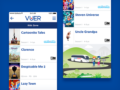 VUER - Kids section entertainment illustration infotainment kids national express onboard entertainment ui ui ux user experience user interface ux vuer