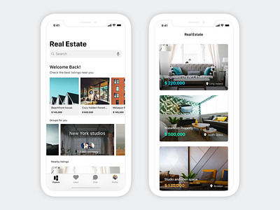 Real Estate discovery app app cards carousel house ios light real estate ui ux white