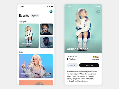 Events RSVP app app booking cards concert design ios music rvsp typography ui ux