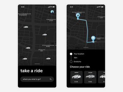 Dark UI - Taxi ride app car dailyui dark dark app dark ui design ios ride taxi uber ui user experience user interface ux