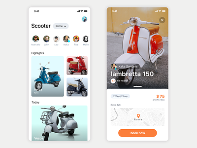 Scooter renting app app cards ios lambretta maps motos scooter typography ui user experience user interface ux vespa