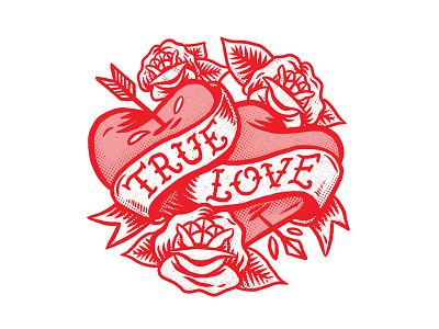 True Love arrow halftone heart hearts illustration love rose roses scroll tattoo texture true