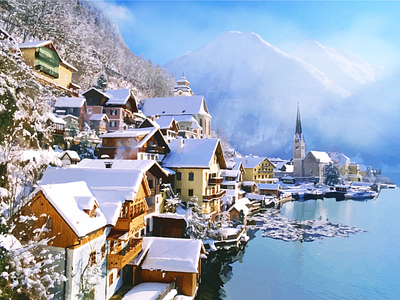Austrian Village design illustration landscape numerique season town vector village winter