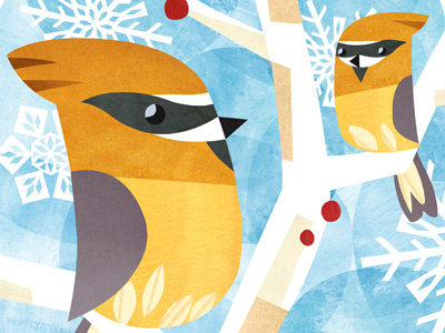 Cedar Waxwing bird collage digital gold grey snowflake tree winter