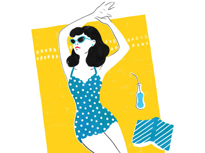 Bathing Beauty blue polka dots retro stripes summer sunbathing vintage yellow