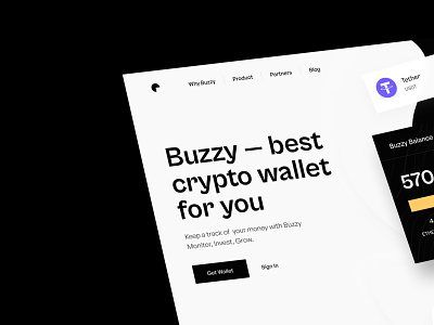 Buzzy — Crypto Wallet. brand corporate identity crypto design financial services hero section identity landing page layout minimal product page ui web webdesign website