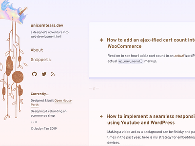 unicorntears.dev version 2.0 blog design digital pastel personal ui web design web design and development