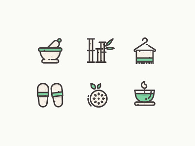 Spa Icons bamboo beige candle green icons illustration mortar outline pestle slippers spa towel