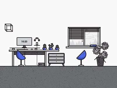 Workspace black blue desk illustration outline plants workspace