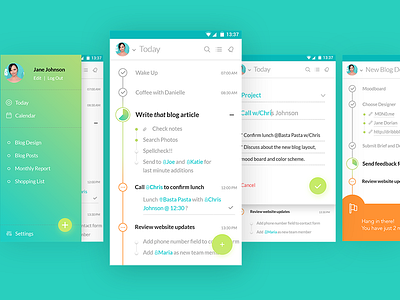 Quest android app calendar list profile project management screen ui