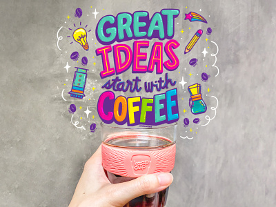 Great Ideas Start with Coffee adobe photoshop coffee creative creative design design digital art digital drawing digital illustration illustration illustrator lettering lettering artist photoshop