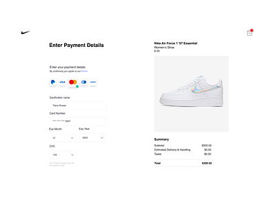 DailyUI 002 Nike Credit Card Checkout/Payment Redesign credit card credit card checkout credit card form credit card payment dailui dailyui dailyui002 design figma design nike nike air force nike shoes onboarding screens ui ui ux ux ux ui website redesign